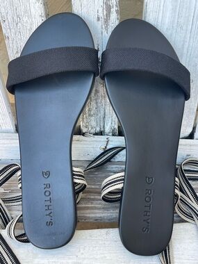 Rothy's The Wrap Black Slide Knit Flat Tie Sandals with Striped Tie Accent